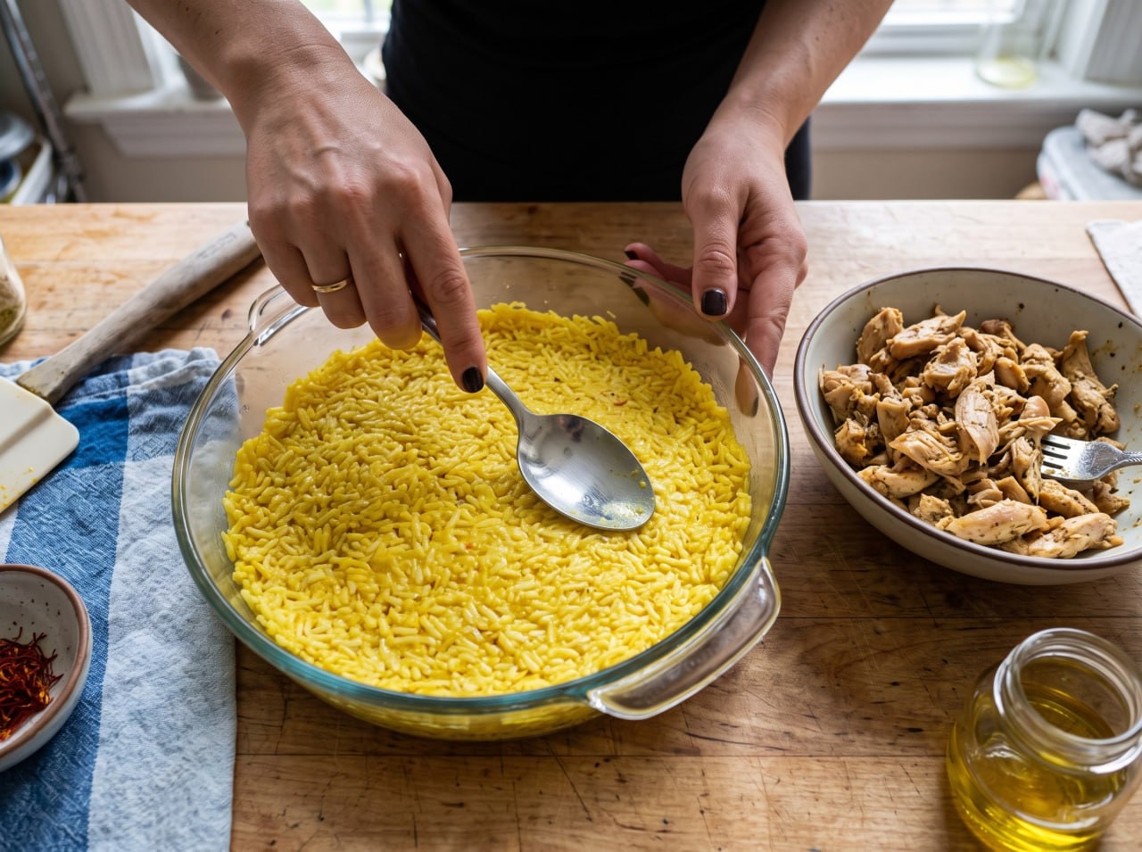 Layering tahchin in a baking dish, saffron rice pressed into the base
