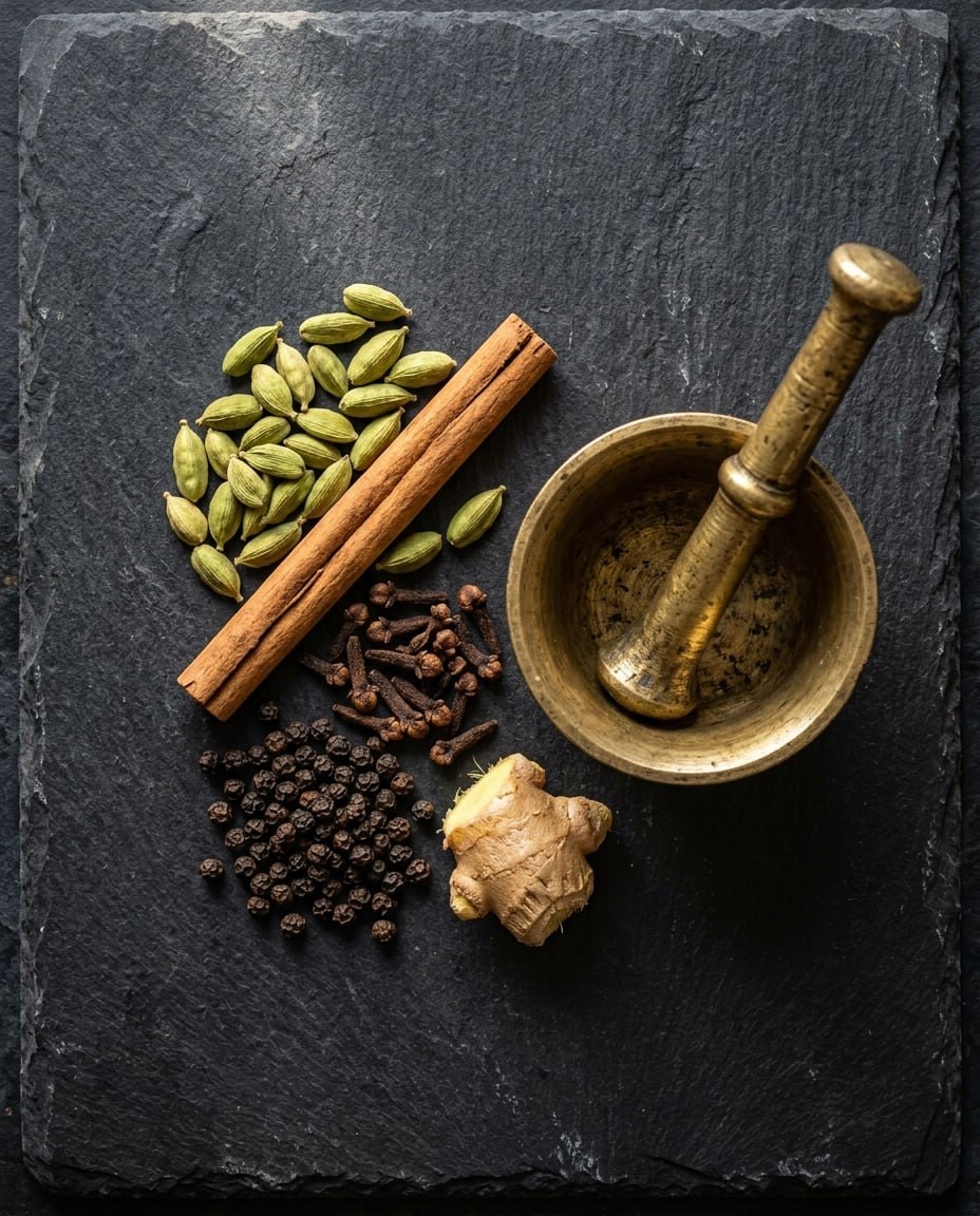 Whole masala spices — green cardamom, cinnamon stick, cloves, black peppercorns and fresh ginger arranged on a dark stone surface