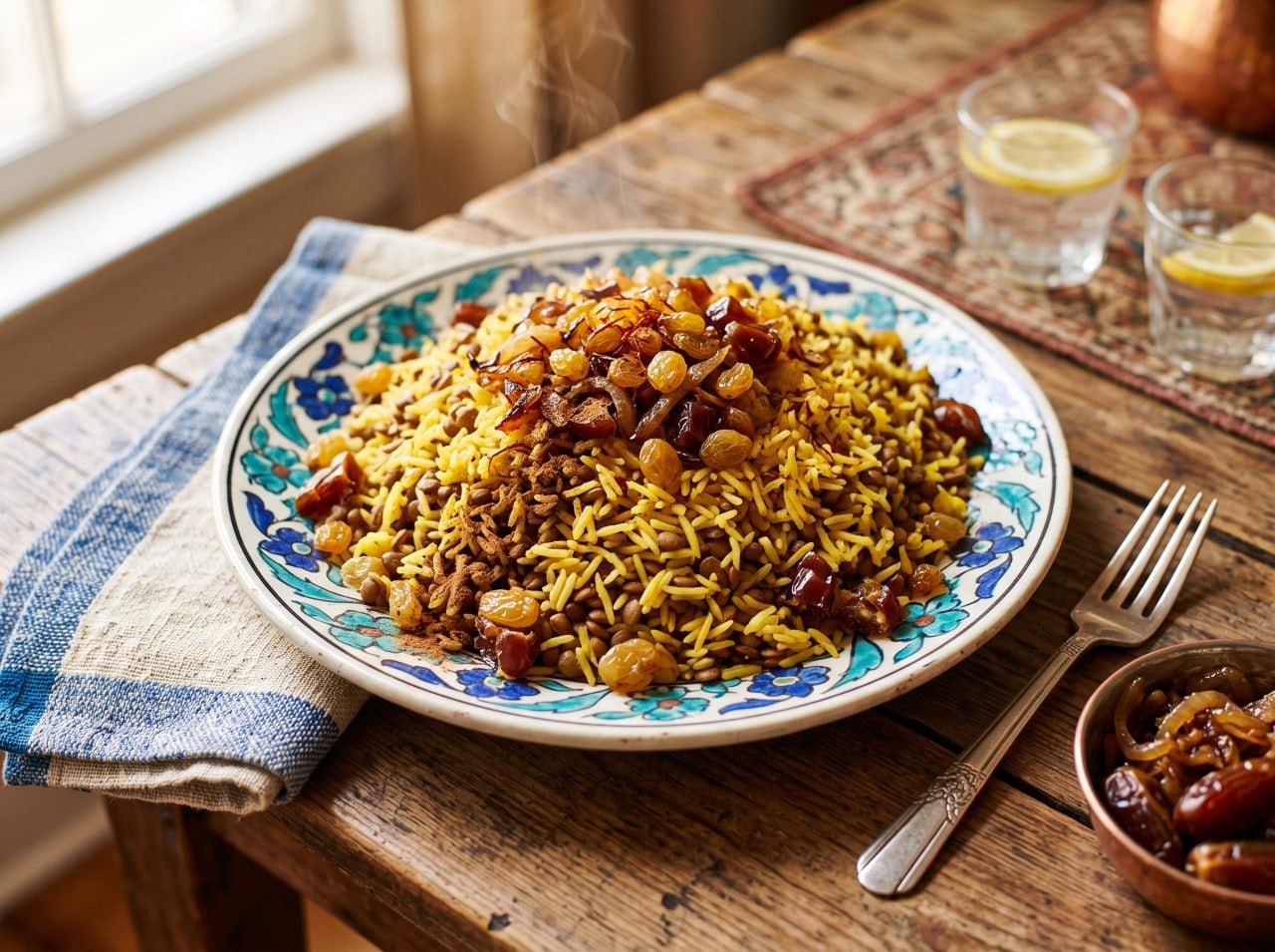 Ingredients for Persian lentil rice laid out on a kitchen counter
