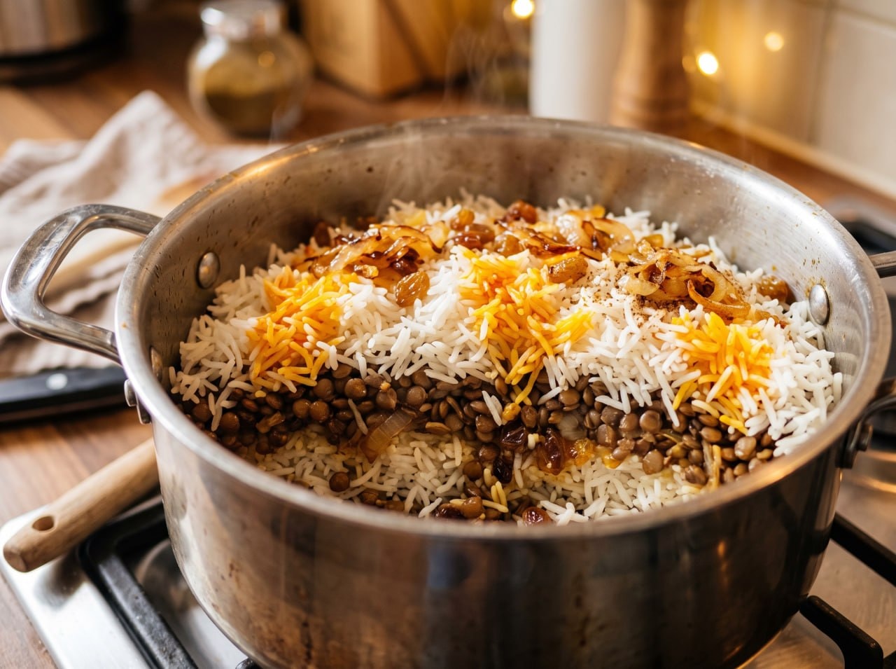 Persian lentil rice being layered in a pot with saffron and dates