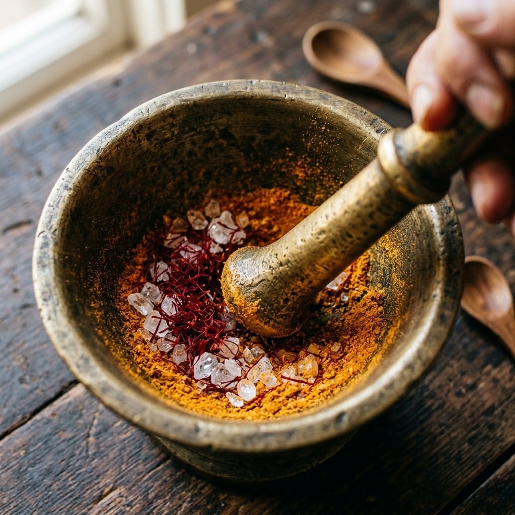Saffron threads being ground with rock sugar in a stone mortar