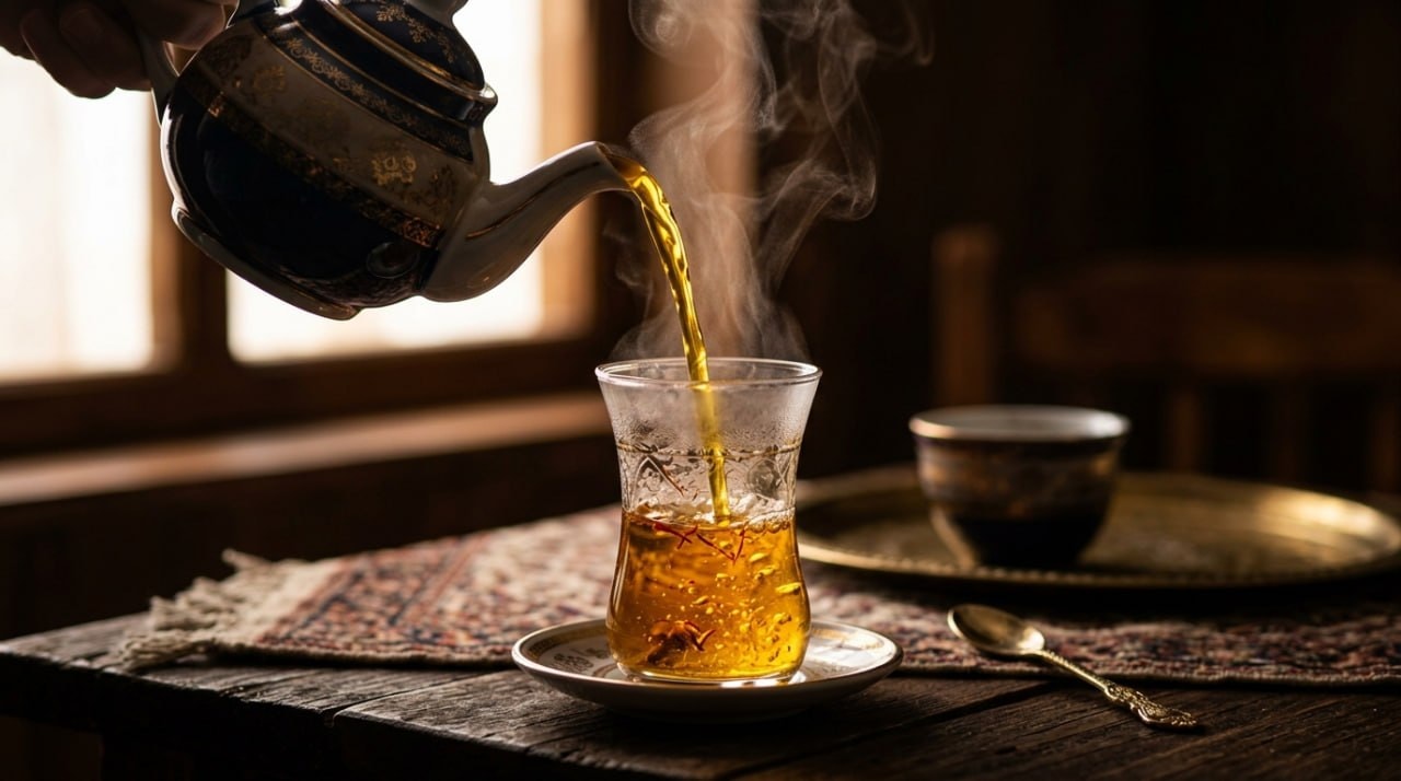 Golden saffron tea poured into a traditional Persian tea glass