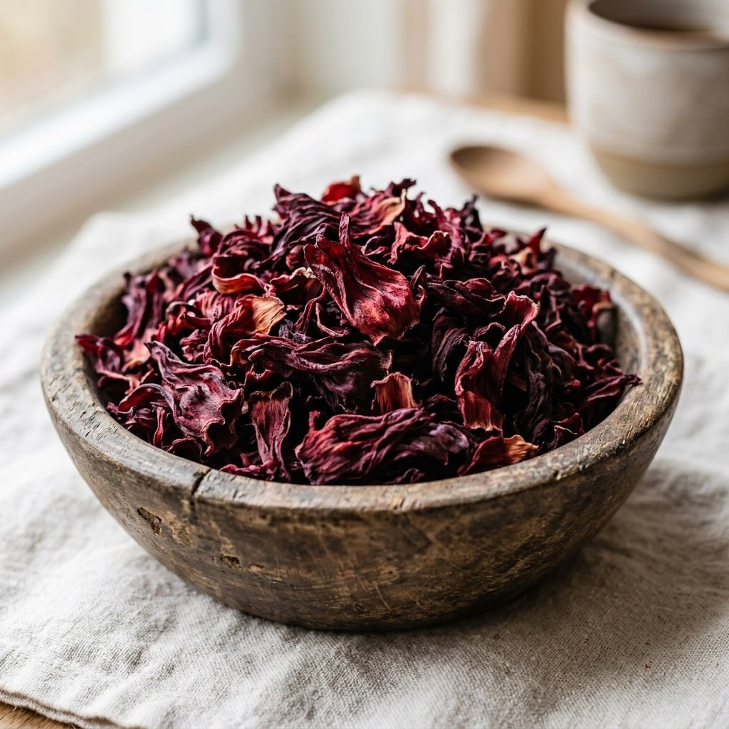 Dried hibiscus flowers close up in a wooden bowl