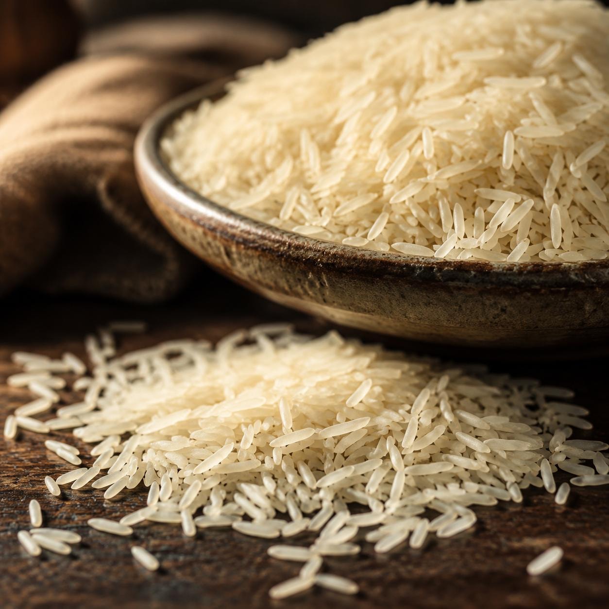 close-up comparison of authentic Tarom Hashemi rice grains versus mixed lower-quality rice grains side by side on a white ceramic plate, natural daylight, macro photography