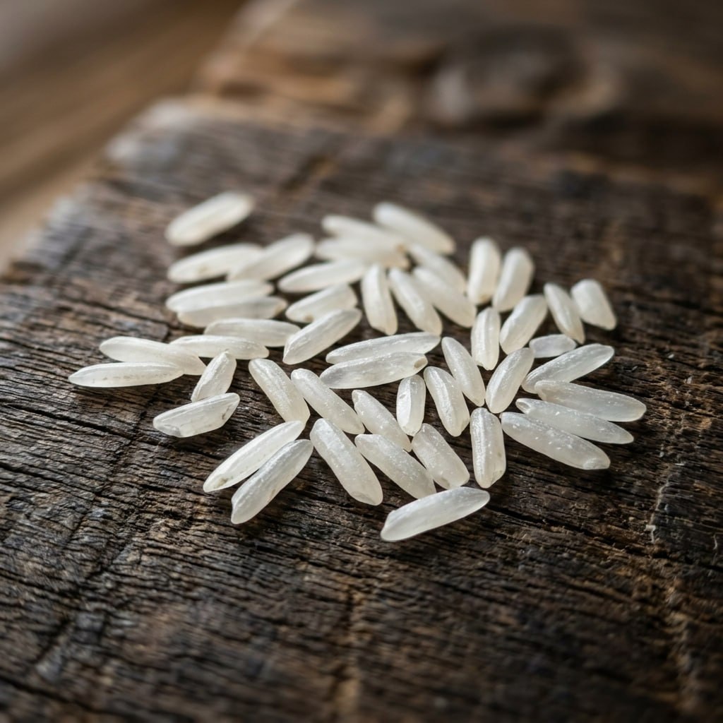 Long-grain Iranian Tarom Hashemi rice grains close up on a wooden surface