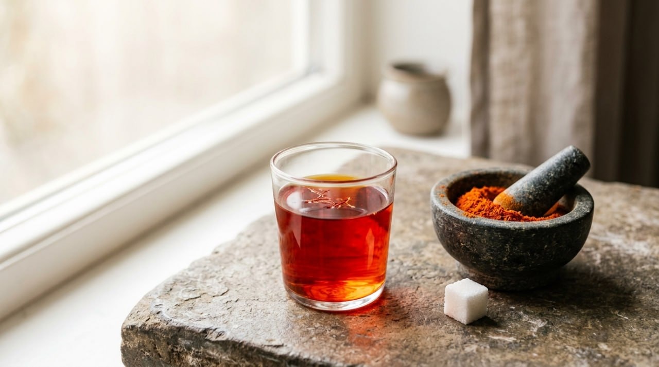 Brewed saffron in a small glass with saffron threads and a mortar